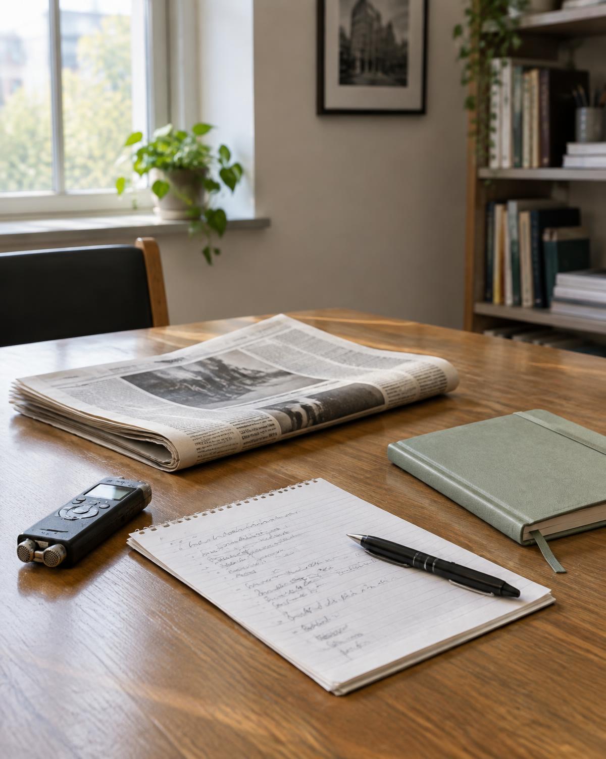 Newspaper, notes and recorder on a journalist’s desk